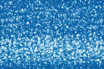 Blue snowy background for design. Shimmering snow flakes, defocus bokeh effect. Background decoration illustration