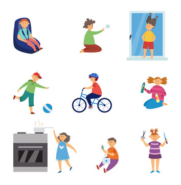 A vector set of characters of little kids in dangerous situations.