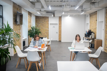 Two colleagues sitting at the tables working in the office