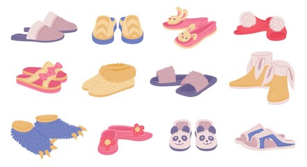 Set of male, female and children cozy domestic slippers a vector illustration