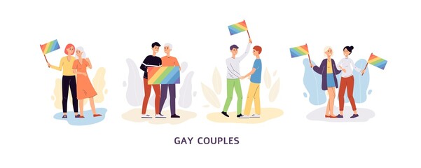 Vector banner with lgbt couples holding rainbow flags.