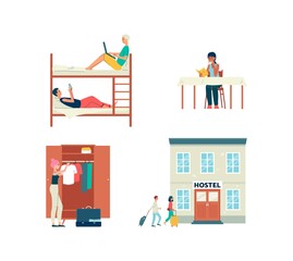 Young people in comfortable youth hostel, flat vector illustrations set isolated.