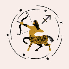 Sagittarius. Zodiac sign. The centaur shoots a bow. Vector emblem.