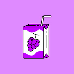 Grape juice with paper box package and straw vector illustration isolated on purple background. Linear color style of grape juice icon