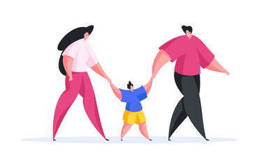 Happy cartoon family with kid walking together