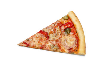 Photo of slice of Italian pizza for use in advertising pizzeria, restaurant menu. Copy space for...