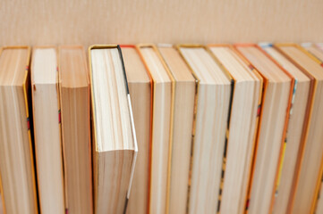 A stack of books are on the shelf