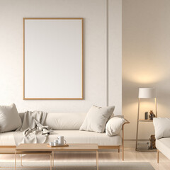Mock up poster frame in Scandinavian style interior with modern furnitures. Minimalist interior design. 3D illustration.