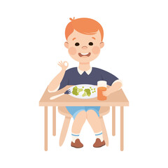 Obedient Boy with Good Breeding at Kitchen Table Eating Healthy Breakfast Vector Illustration