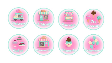 Set of icons with sweets, pastry shop, bakery, ice cream van, balloons, holiday. Shop for desserts, cotton candy and cakes. Isolated on a white background.
