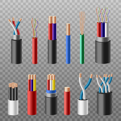 Templates of electrical cables with wires realistic vector illustration isolated.