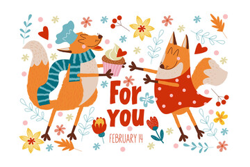 Happy Valentine's day. Vector cute greeting card with foxes in love.