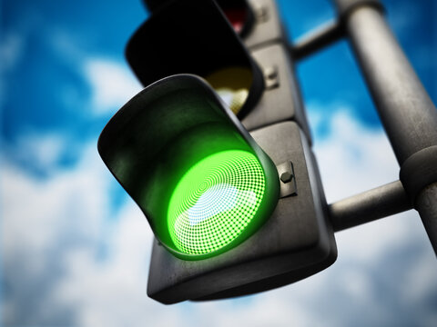 Traffic lamp with green light on against blue background. 3D illustration