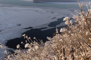 Winter frozen River Volga near Samara. Winter landscape on the bank of river. Russian winter. Soft focus
