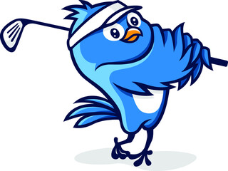 A little Blue Bird Swings Its Golf Club (Stick)