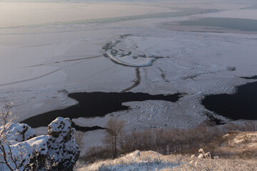 Winter frozen River Volga near Samara. Winter landscape on the bank of river. Russian winter. Soft focus