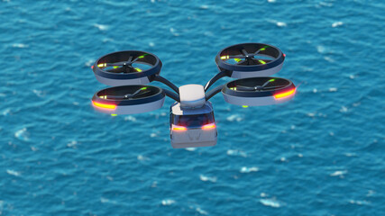 Air taxi transport. Flying over blue water. 3d illustration