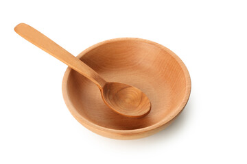 Wooden bowl with spoon isolated on white background