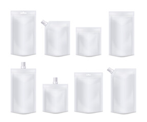 Vector templates of white blank realistic pouches from foil, food containers