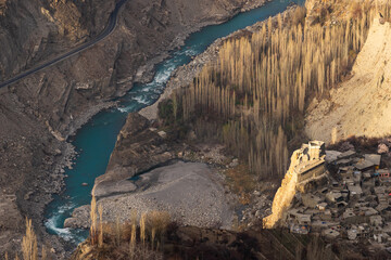 Top view of Altit fort, landmark of Hunza valley in a morning sunrise, Gilgit Baltistan, North Pakistan