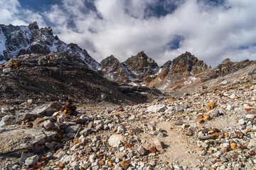 Trekking trail to Renjo la pass in Everest base camp trekking route, Himalaya mountains range in Nepal