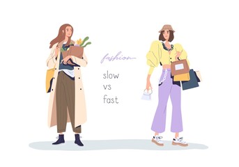 Slow vs fast fashion movement against overconsumption and low-quality mass market. Social phenomenon of eco-conscious consumption and shopping. Flat vector illustration isolated on white background
