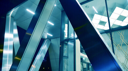 Pattern of office buildings windows illuminated at night. Lighting with Glass architecture facade design with reflection in urban city.