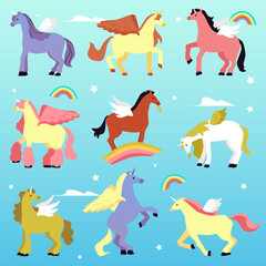 Cute unicorn pony set on blue sky background. Cartoon fantasy animals