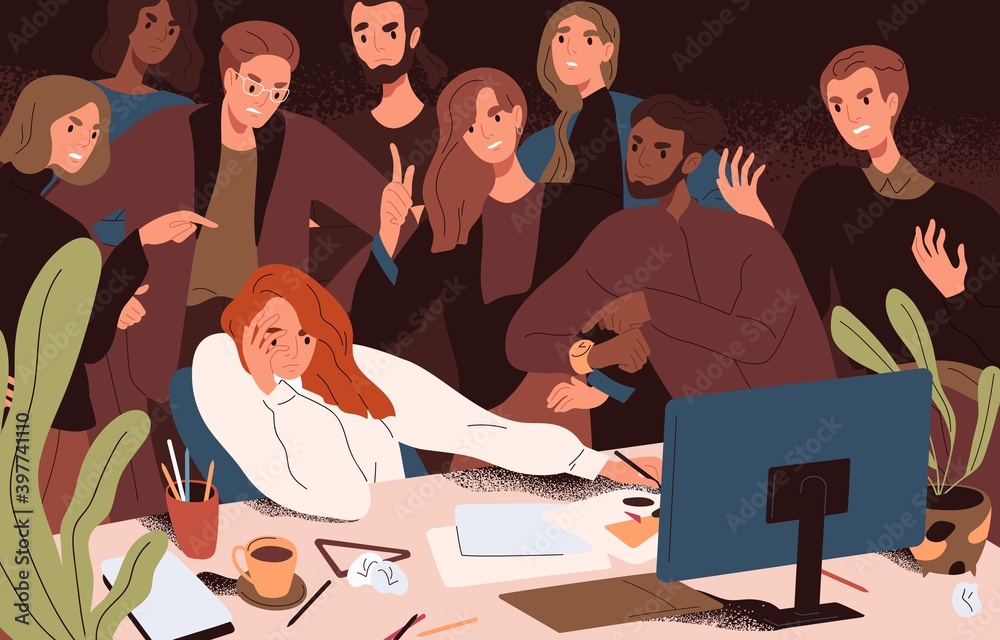 Poster stressed woman failed to meet deadline. angry colleagues standing over creative worker pressuring an