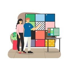 Happy couple choosing ceramic tiles in construction shop, flat vector illustration. Home improvement.