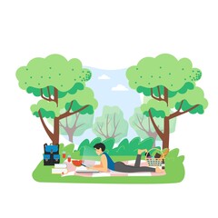 Summer picnic. Happy girl lying on blanket and using mobile phone, flat vector illustration. Smartphone addiction.