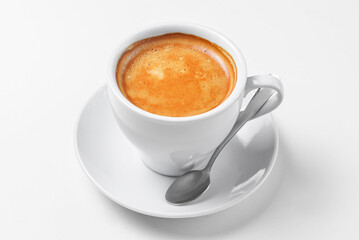 Coffee espresso isolated on white. Served in a white cup with a spoon. Coffee time, close up photo
