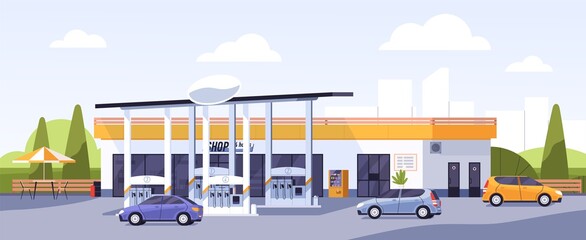 Facade of modern gas station building with cars arriving and leaving for refueling or filling with petrol, gasoline or diesel. Colorful flat vector illustration