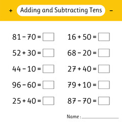 Adding and Subtracting Tens. Mathematics. Math worksheets for kids. Development of logical thinking. School education