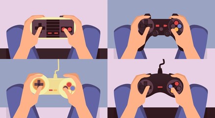 Hands holding joystick for playing video games - cartoon set © sabelskaya