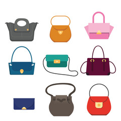 Women fashion colorful bags set. Set with different bags.