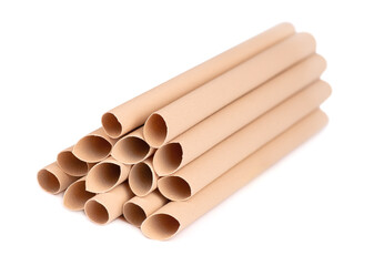 Bamboo fibre straws, isolated on white background. Eco-friendly bamboo drinking straws, environmental consciousness concept. Close up.