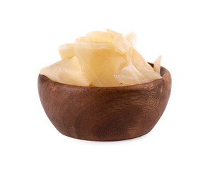 Pickled ginger slices in wooden bowl, isolated on white background.