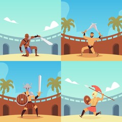 Armed gladiators, legionary or spartan soldiers in arena a vector illustrations.