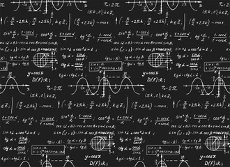 Retro education background. Trigonometry law theory and mathematical formula equation on chalkboard. Vector hand-drawn seamless pattern.