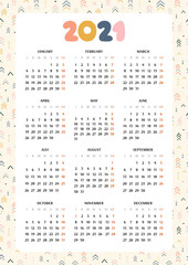 2021 calendar template. Week starts from Monday.