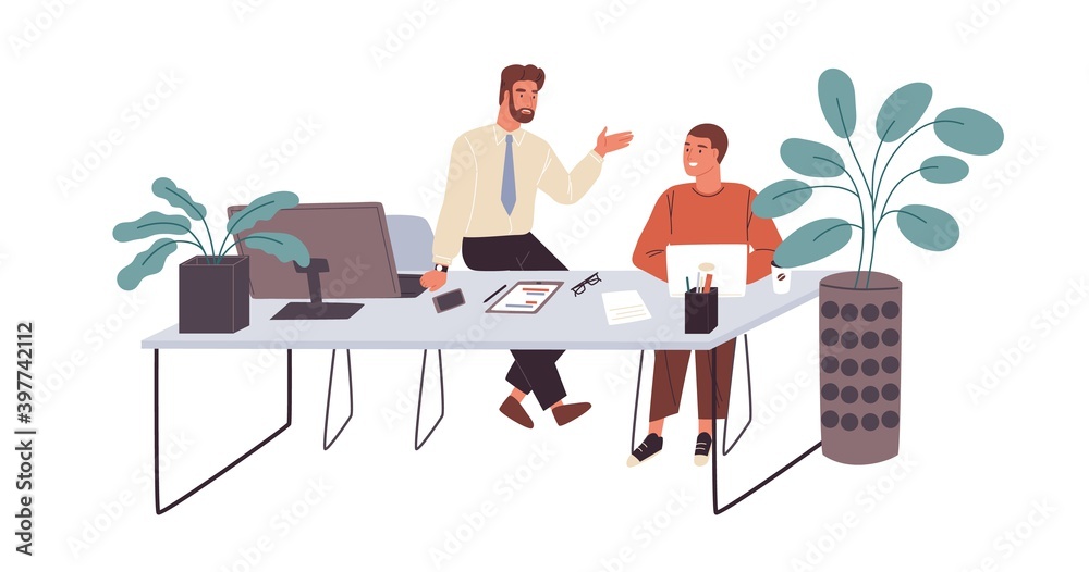 Poster office workers or clerks chatting during break time at workplace. smiling men talking at office desk