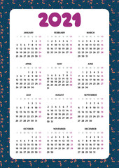 2021 calendar template. Week starts from Monday.