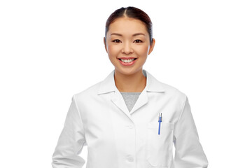 medicine, profession and healthcare concept - happy smiling asian female doctor or scientist in white coat