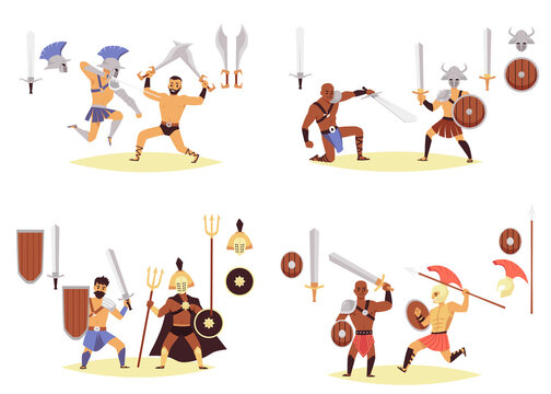 Set of battle scenes of gladiators and legionary of roman empire