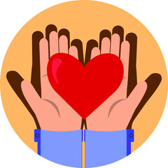 Obraz premium Hands in an isolated circle hold a red heart. Vector illustration of the concept of love equality between men and women, empathy, philanthropy, hope, denial of racism