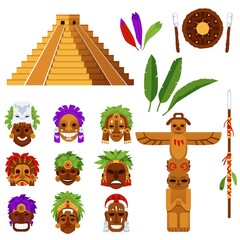 Aztec or mayan masks and totem symbols set of flat vector illustrations isolated.
