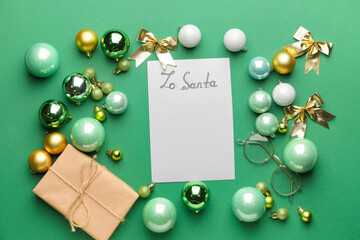 Blank letter to Santa and Christmas decor on color background