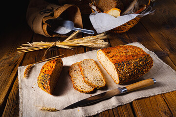 Flaxseed bread with a poppy seed and sesame mixture