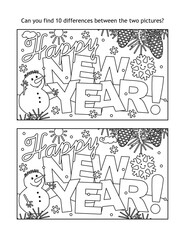 Happy New Year greeting find the ten differences picture puzzle and coloring page with greeting text, winter scene, happy snowmen and smiling snowflake
